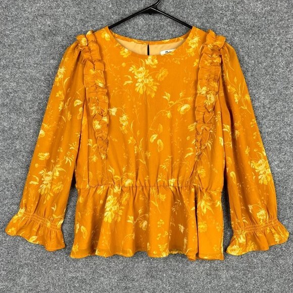 Madewell Peasant Boho Blouse‎ Top Size Small Ruffles Floral Peplum Yellow Orange - Picture 1 of 10